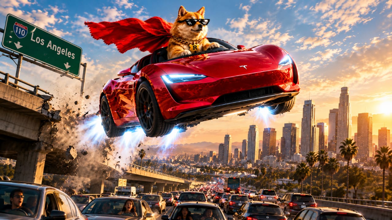 Rogester flying his red Roadster over Los Angeles