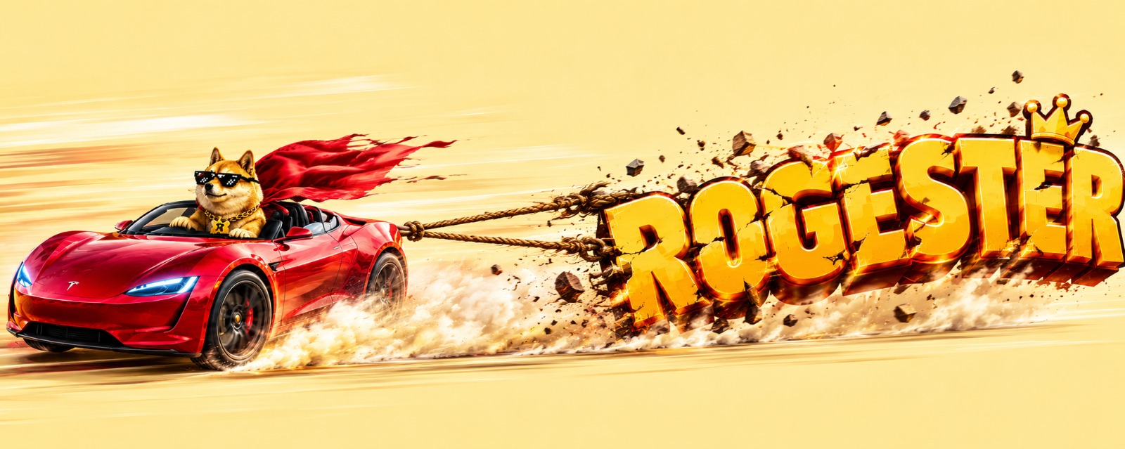 Rogester towing giant golden ROGESTER letters across the desert in his red Roadster