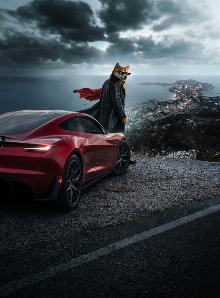 Rogester in a leather coat and red cape beside his red Roadster on a clifftop road above a coastal city